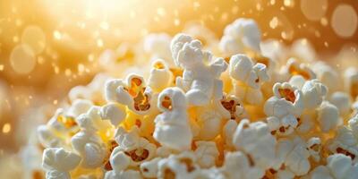 Freshly popped popcorn glistens under warm lighting with a bokeh background enhancing its fluffy texture photo