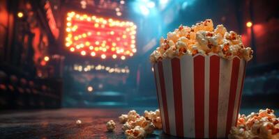 Popcorn sits in a striped bucket against a dimly lit theater backdrop with vibrant lights in evening ambiance photo