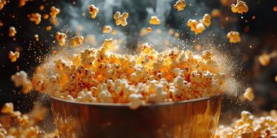 Freshly popped popcorn overflowing from a metallic bowl creating a delightful cloud of steam and flavor photo
