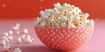 Bowl of freshly popped popcorn on a colorful background perfect for movie nights or snack times photo