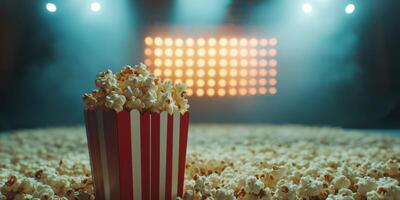 Popcorn overflowing in a colorful container on a cinema floor with dramatic lighting creating a lively atmosphere photo