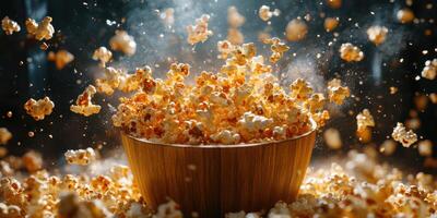 Popcorn bursts from a wooden bowl in a lively kitchen, creating a fun and dynamic atmosphere during movie night photo