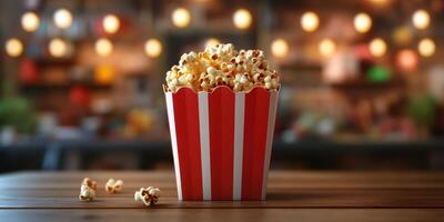 Freshly popped popcorn in a classic striped bucket on a wooden table at a cozy venue with warm lights photo