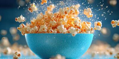 Popcorn bursts from a blue bowl creating a playful snack explosion in a bright setting photo