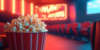 Popcorn sits in a red and white striped bucket at a movie theater with a brightly lit backdrop photo