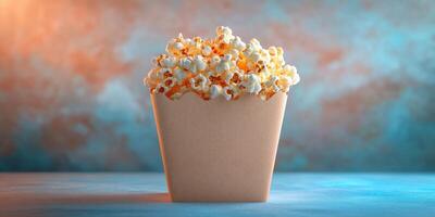 Fresh popcorn in a white container against a colorful background ideal for movie nights and snacks photo