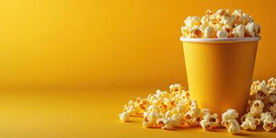 Freshly popped popcorn in a bright yellow cup with scattered kernels on a yellow background photo