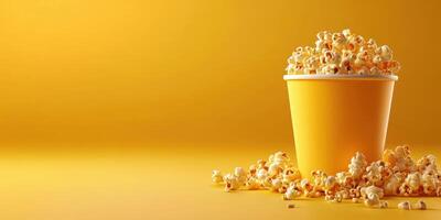 Enjoying popcorn in a bright setting with a classic yellow cup and scattered pieces on a vibrant background photo