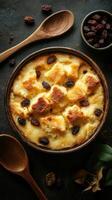 Delicious bread pudding served in a rustic bowl with raisins, garnished with wooden utensils and fresh ingredients photo