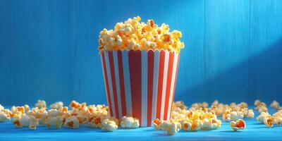 Colorful striped popcorn bucket overflowing with freshly popped kernels on a vibrant blue background photo