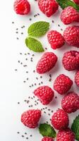 Fresh raspberries and mint leaves arranged on a white background for a bright and healthy food display photo