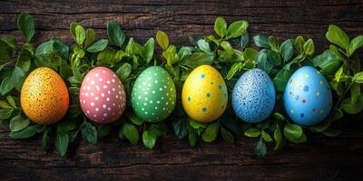 Colorful hand-painted Easter eggs arranged on fresh green leaves for a festive spring display photo