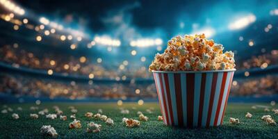 Enjoying popcorn at a vibrant stadium during a thrilling sports event on an exciting evening photo