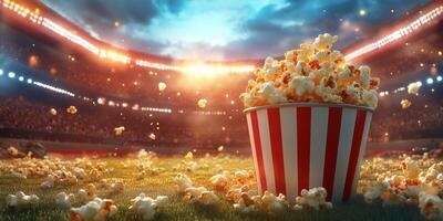 Freshly popped popcorn sits in a striped bucket on a vibrant sports field during a sunset event photo