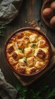Savory bread pudding with golden crust and herbs served in rustic dish on wooden table photo