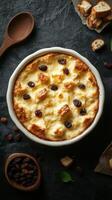 Baked bread pudding with raisins served in a bowl on a dark rustic surface with wooden spoon photo