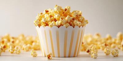 Freshly popped popcorn in a striped container with scattered kernels on the table photo