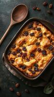 Delicious homemade bread pudding with raisins served in a rustic dish showcasing traditional dessert preparation photo