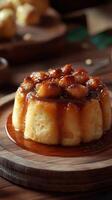 Delicious homemade dessert with caramel and fruit served on a wooden plate in a cozy setting photo