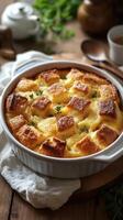 Delicious savory baked dish with golden top and herbs, served in a round dish, perfect for gatherings and family meals photo