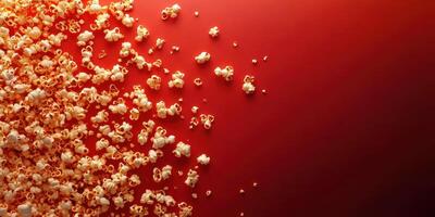 Popcorn scattered across a vibrant red surface creates an enticing snack display for movie nights and gatherings photo