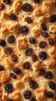 Warm bread pudding with raisins baked to a golden brown color in a dessert dish photo