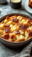 Delicious bread pudding topped with golden crust served in a round baking dish on a wooden table photo