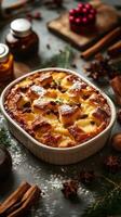 Delicious baked dessert with a golden crust and aromatic spices set on a festive table photo