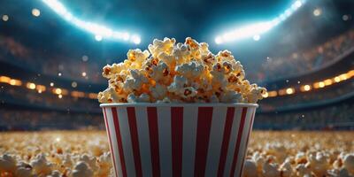 Freshly popped popcorn served at a lively sports event under bright stadium lights photo