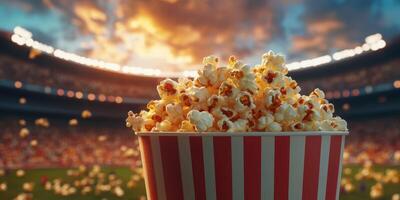 Enjoying popcorn at a vibrant outdoor stadium during an exciting sports event at sunset photo