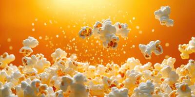 Popcorn kernels are bursting and floating in the air under bright orange lighting during a lively movie night experience photo