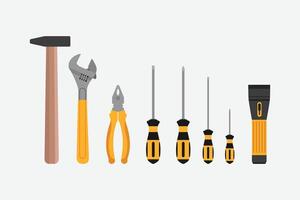 Carpentry Tools Flat Design, yellow working tools collection on white background vector