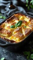Deliciously baked bread pudding with a golden crust served in a dark casserole dish photo