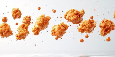 Crispy chicken bites falling through the air with sauce splashes in a bright studio setting photo