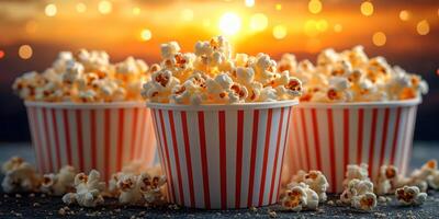 Baskets filled with popcorn at sunset with a warm glowing background creating an inviting atmosphere photo
