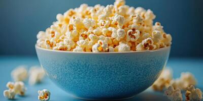 Delicious bowl of freshly popped popcorn ready for movie night at home in a cozy living room setting photo