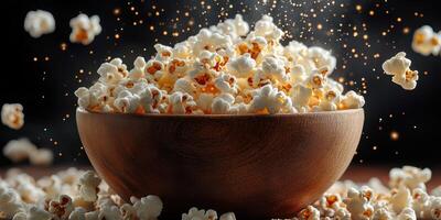 Freshly popped popcorn in a wooden bowl with scattered kernels and a warm glow highlighting its texture photo