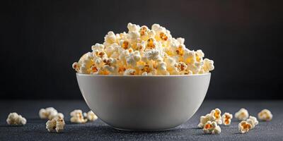 Delicious bowl of freshly popped popcorn ready for movie night or snack time enjoyment photo