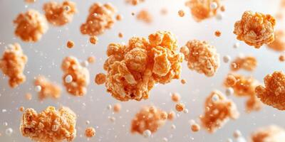 Light and airy popcorn pieces floating in mid-air against a soft background create a delightful visual treat photo