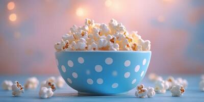 Colorful blue bowl filled with freshly popped popcorn on a wooden surface surrounded by scattered kernels photo