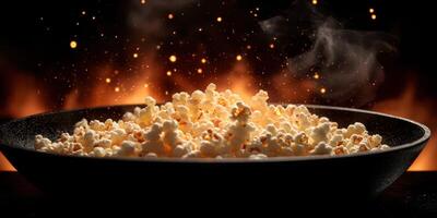 Popcorn pops in a black bowl surrounded by swirling flames and sparks at night photo