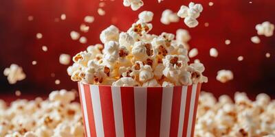Popcorn bursts from striped container creating a playful display in a cozy movie night setting photo
