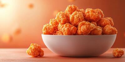Delicious orange cheese puffs piled high in a bowl against a warm, gradient background photo