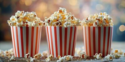 Fresh popcorn in red and white striped cups ready for enjoyment during a movie night at home photo