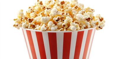 Freshly popped popcorn in a classic red and white striped bucket ready for movie night photo