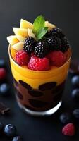 Colorful dessert layer with fresh fruit and chocolate garnished with mint leaf on dark background photo