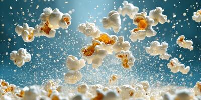Delicious popcorn kernels popping in mid-air creating a fun and dynamic snack experience photo