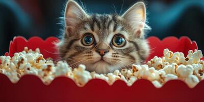 Cat peeking out of popcorn box in cozy indoor setting, showcasing playful expression and curious eyes photo