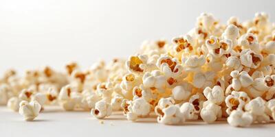 Popped corn kernels scattered on a white surface, highlighting their fluffy texture and buttery appearance photo