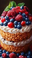 Delicious layered cake topped with fresh berries and creamy frosting in a warm setting photo